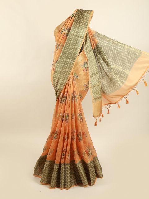 

Pothys Orange & Olive Green Floral Pure Silk Saree