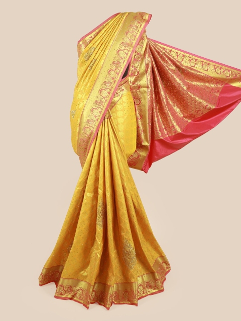 

Pothys Gold & Pink Woven Design Beads and Stones Pure Silk Heavy Work Saree