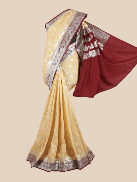 

Pothys Cream-Coloured & Silver-Toned Woven Design Zari Pure Georgette Saree