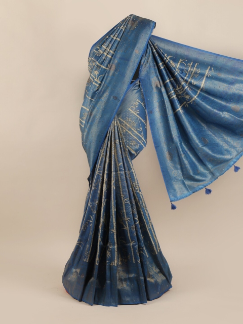 

Pothys Blue & Cream-Coloured Floral Printed & Stoned Art Banaras Silk Saree