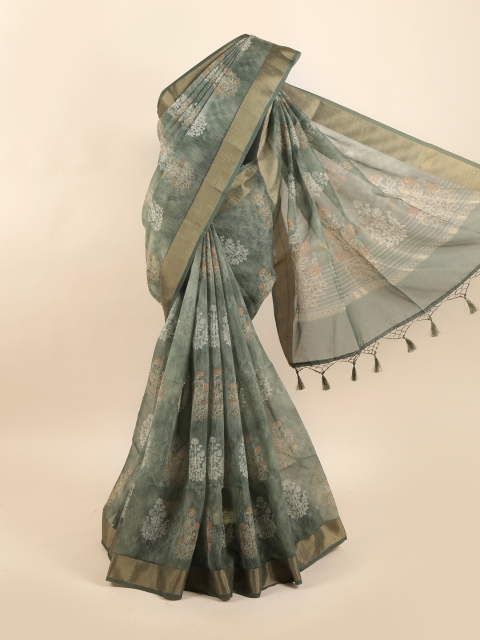 

Pothys Green & Beige Floral Zari Pure Silk Dabu Saree