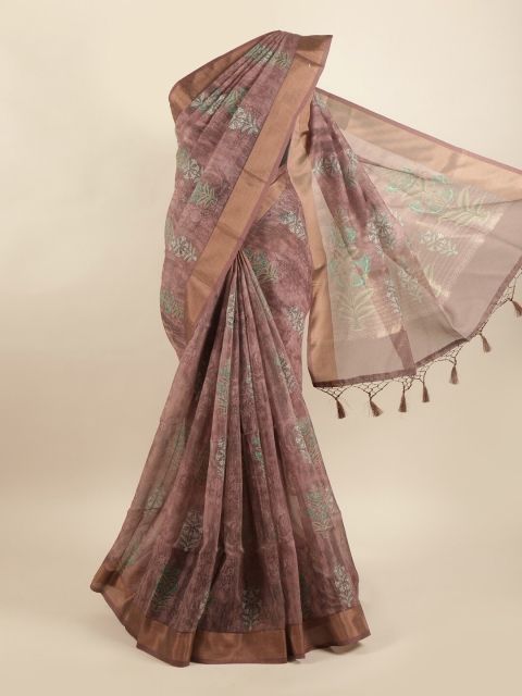 

Pothys Brown & Green Floral Pure Silk Dabu Saree