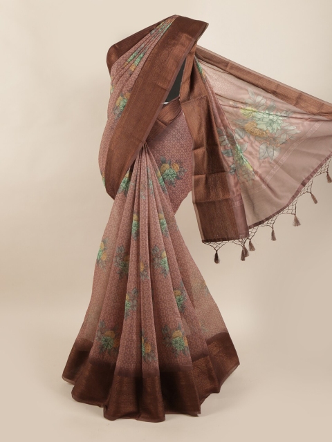 

Pothys Pink & Brown Floral Printed Zari Pure Silk Dabu Saree