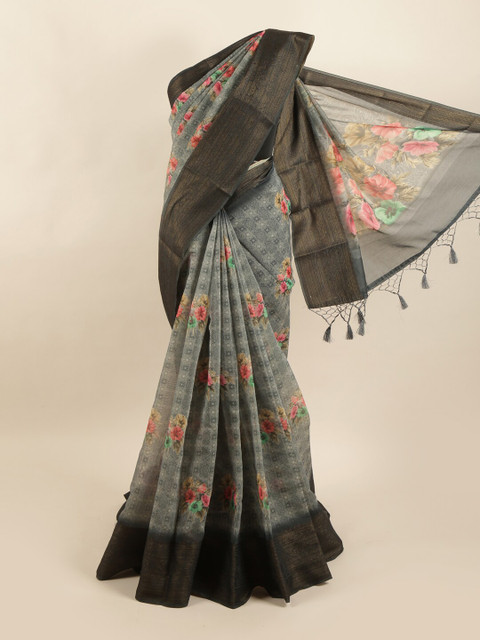 

Pothys Grey & Pink Floral Pure Silk Dabu Saree