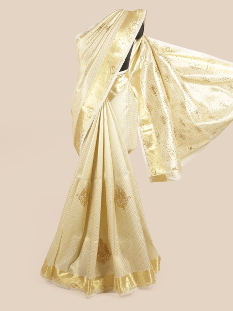 

Pothys Cream-Coloured & Gold-Toned Embellished Pure Silk Saree
