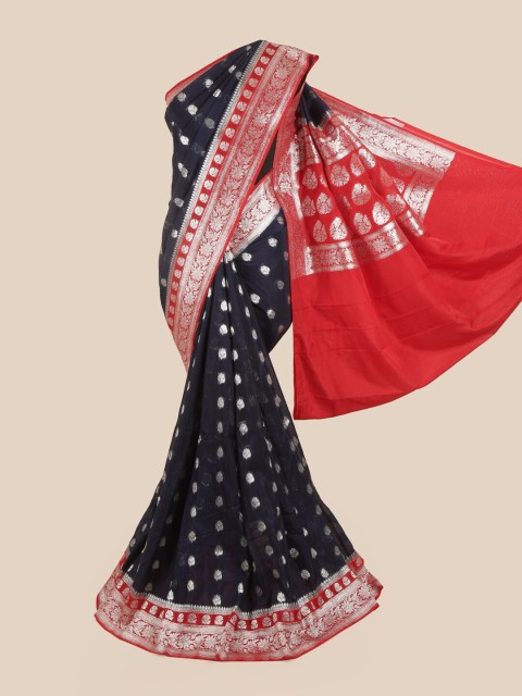

Pothys Navy Blue & Red Ethnic Motifs Zari Woven Design Saree