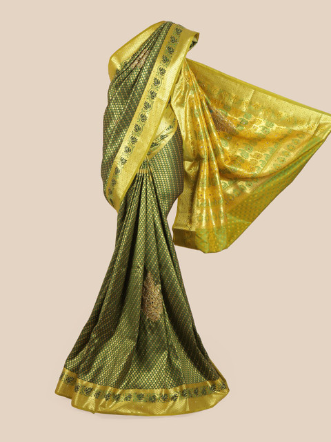 

Pothys Green & Gold-Toned Embellished Beads and Stones Pure Silk Saree
