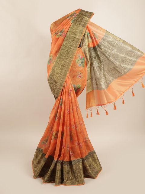 

Pothys Orange & Olive Green Floral Pure Silk Saree