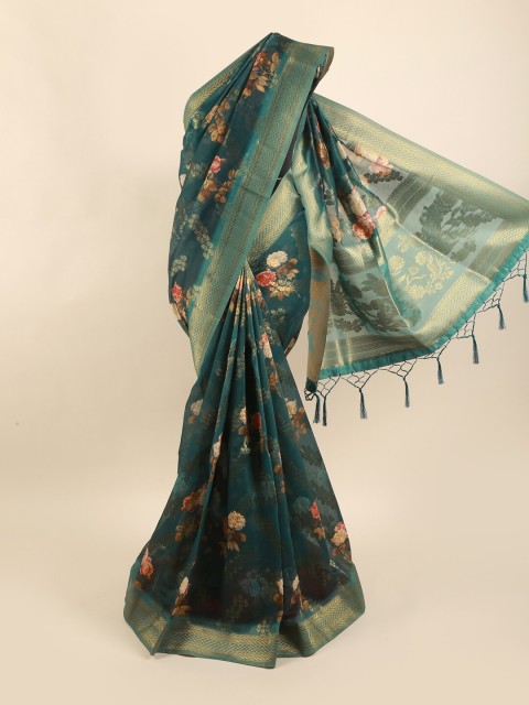 

Pothys Green Floral Printed Zari Pure Silk Saree