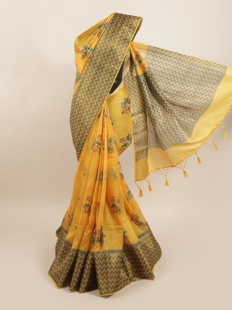 

Pothys Yellow & Green Floral Printed Pure Silk Saree