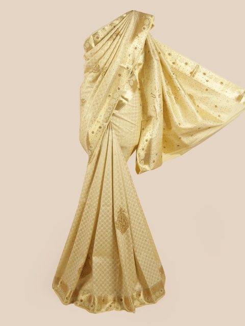 

Pothys Cream-Coloured & Gold Ethnic Motifs Beads and Stones Embellished Pure Silk Saree