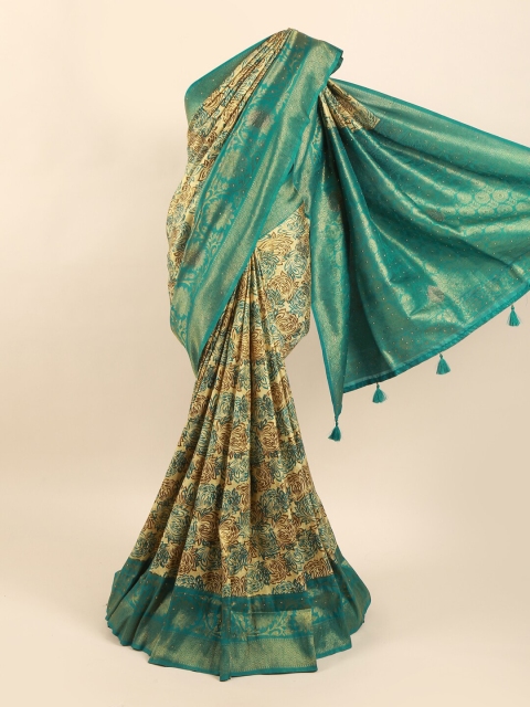 

Pothys Beige & Green Floral Printed Zari Art Silk Saree