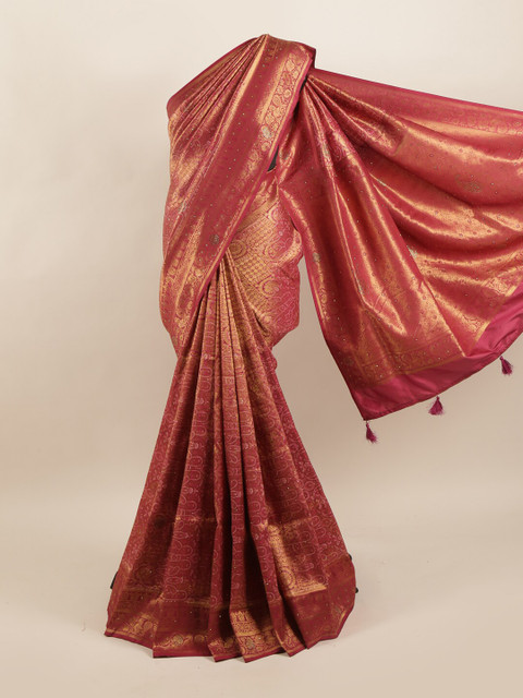 

Pothys Pink & Gold-Toned Ethnic Motifs Beads and Stones Art Silk Saree