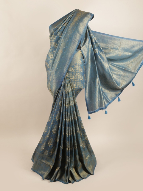 

Pothys Blue & Gold-Toned Ethnic Motifs Beads & Stones Art Silk Banarasi Saree