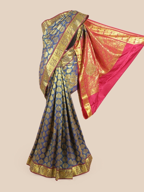 

Pothys Blue & Pink Ethnic Motifs Zari Woven Design Pure Silk Saree