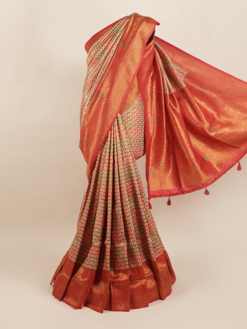 

Pothys Red & Beige Beads & Stones Art Silk Banarasi Saree
