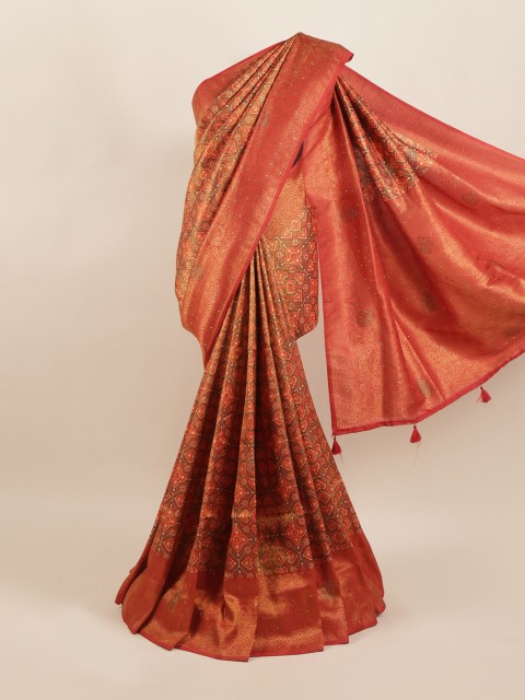 

Pothys Orange & Brown Geometric Printed Art Banaras Silk Saree