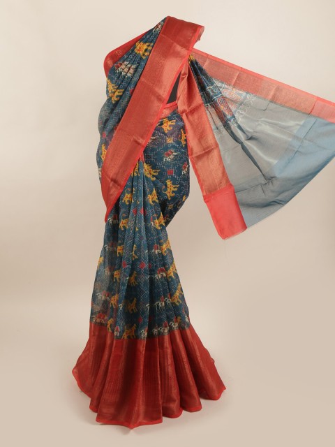 

Pothys Blue & Red Printed Pure Silk Saree