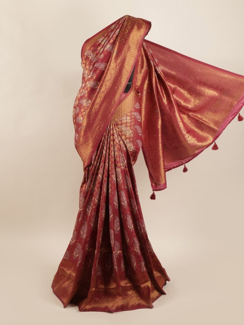 

Pothys Maroon & Gold-Toned Paisley Beads and Stones Art Silk Saree