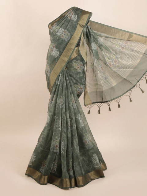 

Pothys Green & Beige Printed Pure Silk Dabu Saree