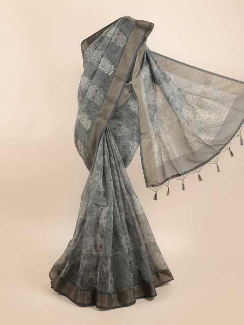 

Pothys Grey & Off White Floral Pure Silk Dabu Saree