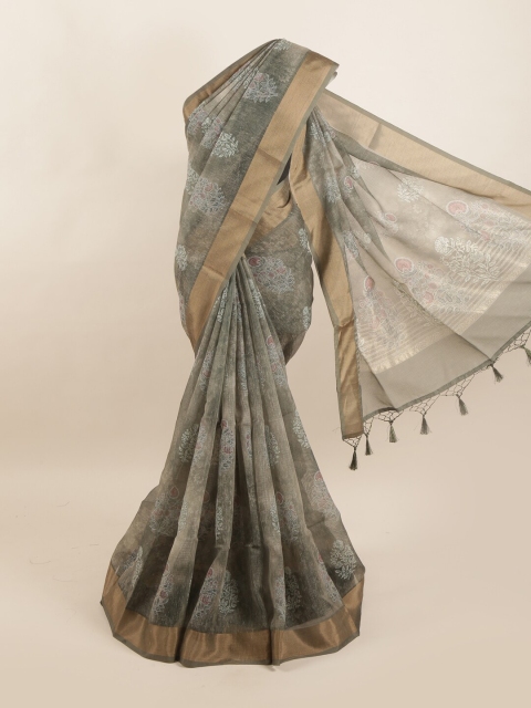 

Pothys Olive Green & Grey Floral Pure Silk Dabu Saree