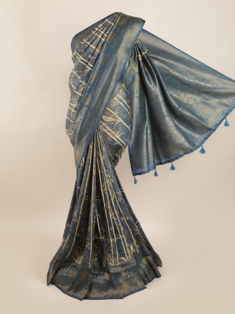 

Pothys Blue & Beige Ethnic Motifs Beads & Stones Art Silk Banarasi Saree