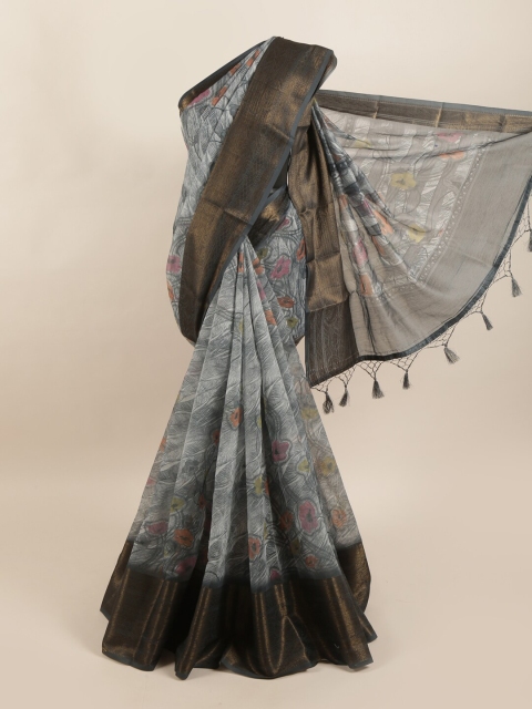 

Pothys Grey & Black Floral Printed Pure Silk Dabu Saree