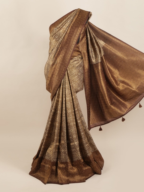 

Pothys Brown & Beige Ethnic Motifs Beads & Stones Art Silk Banarasi Saree