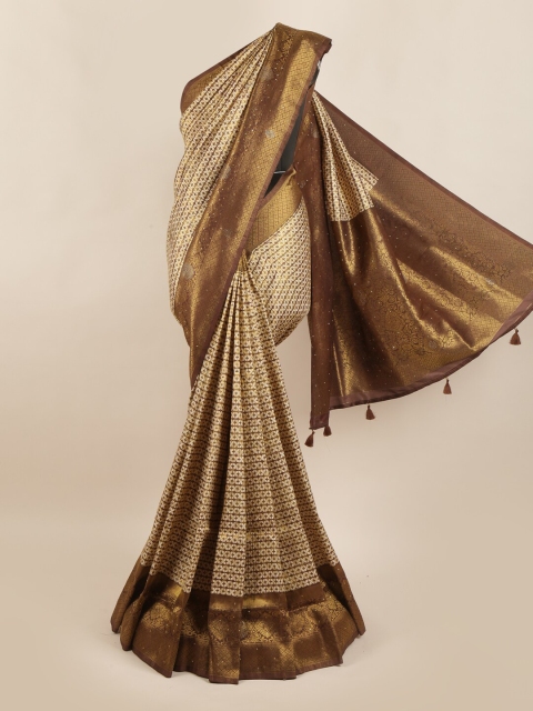 

Pothys Cream-Coloured & Gold-Toned Beads & Stones Art Silk Banarasi Saree