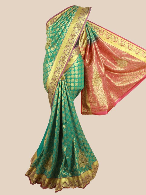 

Pothys Green & Pink Ethnic Motifs Woven Design Pure Silk Saree