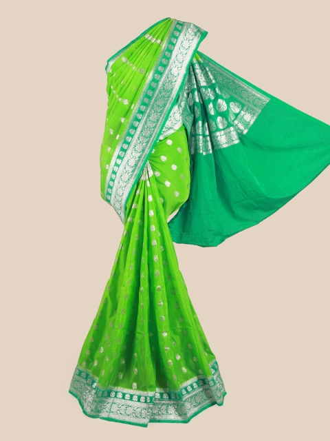 

Pothys Green & Silver-Toned Floral Pure Georgette Saree