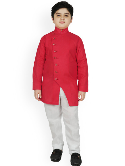 

SG YUVRAJ Boys Red Angrakha Pure Cotton Kurta with Trousers