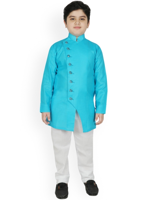 

SG YUVRAJ Boys Turquoise Blue Angrakha Pure Cotton Kurta with Trousers
