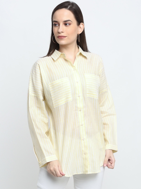 

THE UKKIYO LIFE Women Yellow Striped Casual Shirt