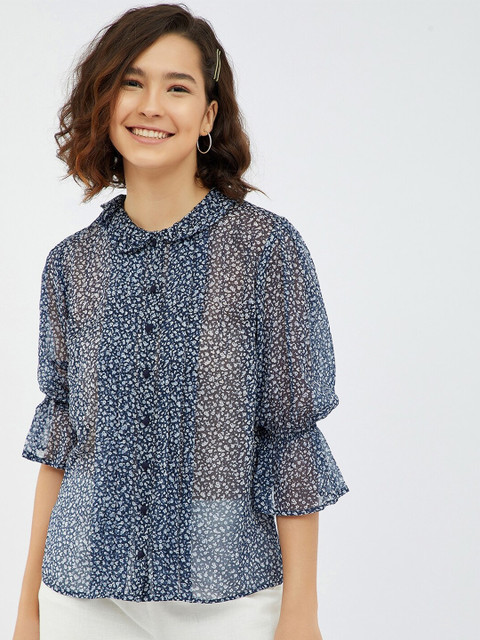 

Femella Navy Blue & White Cuffed Sleeve Shirt Style Top