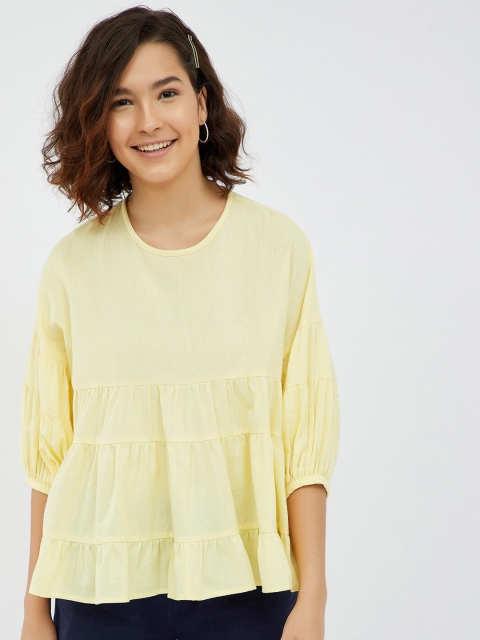 

Femella Women Yellow Puff Sleeve Tiered Top