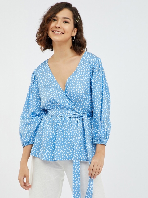 

Femella Blue Floral Bell Sleeve Wrap Top