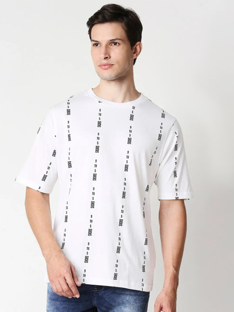 

Bewakoof Men White & Black Typography Striped Raw Edge T-shirt