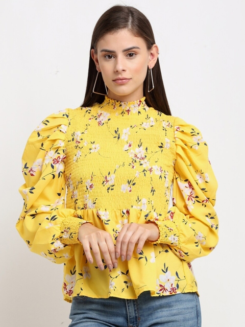 

emeros Yellow Floral Bell Sleeve Crepe A-Line Top