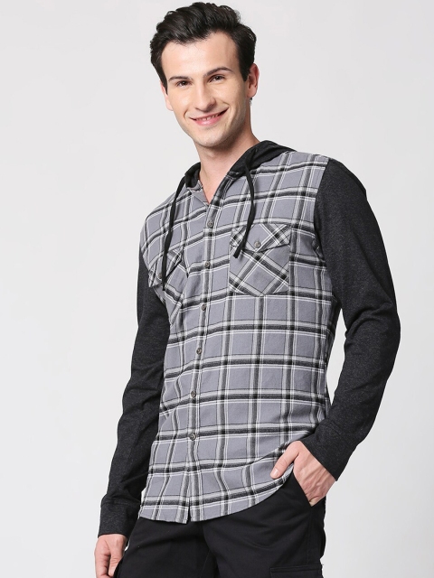 

Bewakoof Men Grey & Black Checked Regular Fit Hooded Casual Shirt