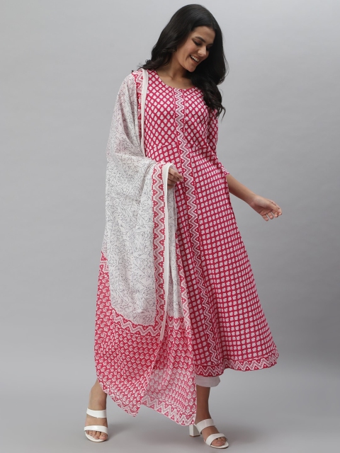 

Stylum Women Pink & White Pure Cotton Floral Printed A-Line Kurta With Dupatta