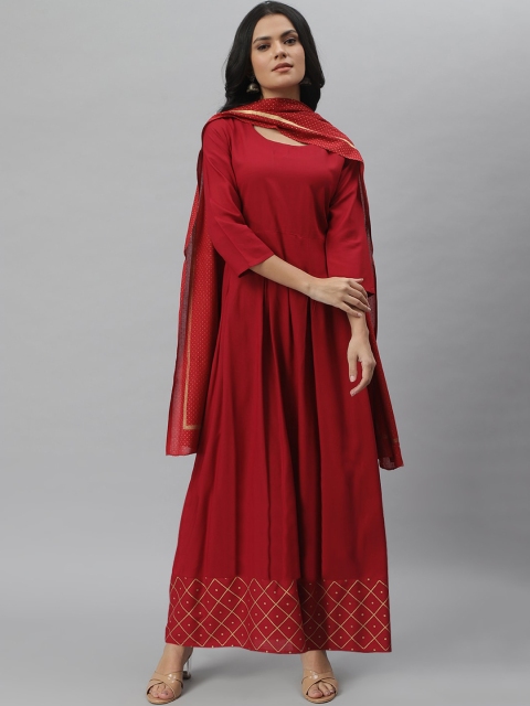 

Stylum Women Maroon Flared Anarkali Kurta With Printed Dupatta