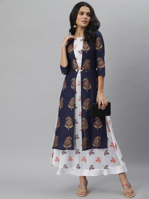 

Stylum Women Navy Blue & White Floral Printed A-Line Kurta With Jacket