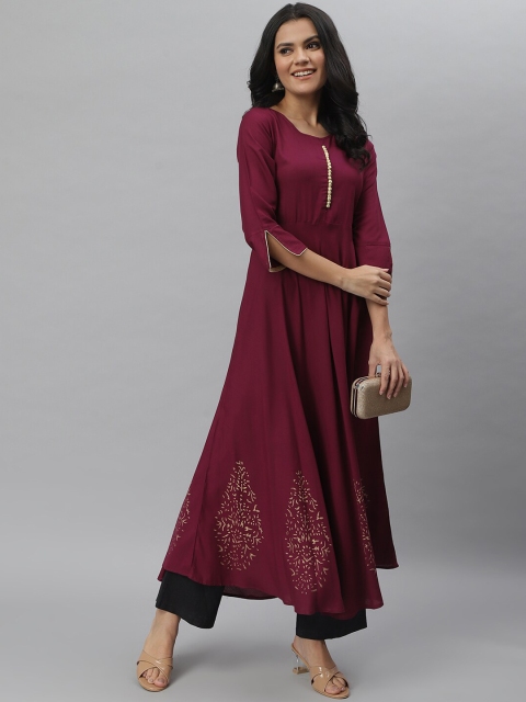 

Stylum Women Burgundy Ethnic Motif Block Printed A-Line Kurta