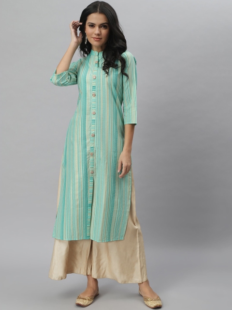 

Stylum Women Green & Gold Pure Cotton Vertical Striped Kurta