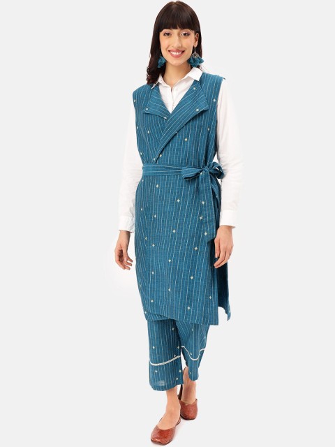 

Saaki Women Blue Striped Asymmetric Closure Longline Tailored Jacket With Tie-Up