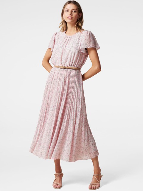 

Forever New Pink Floral printed & Accordion pleated Georgette Fit & Flare Dress With Belt
