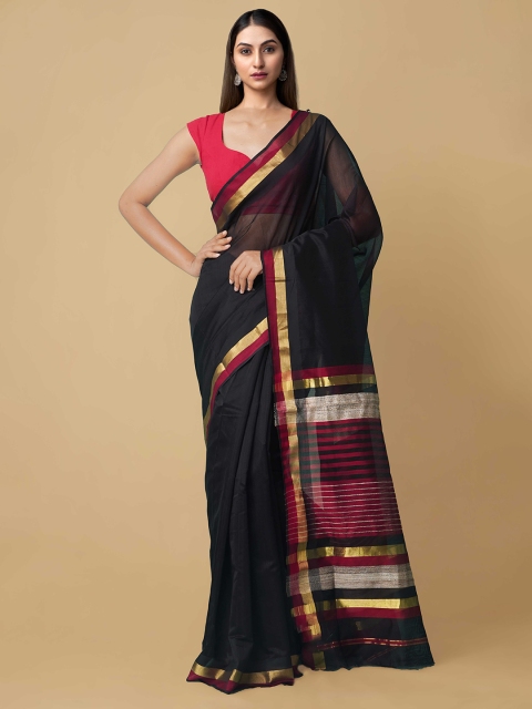 

Unnati Silks Black & Red Woven Design Zari Silk Cotton Maheshwari Sustainable Saree