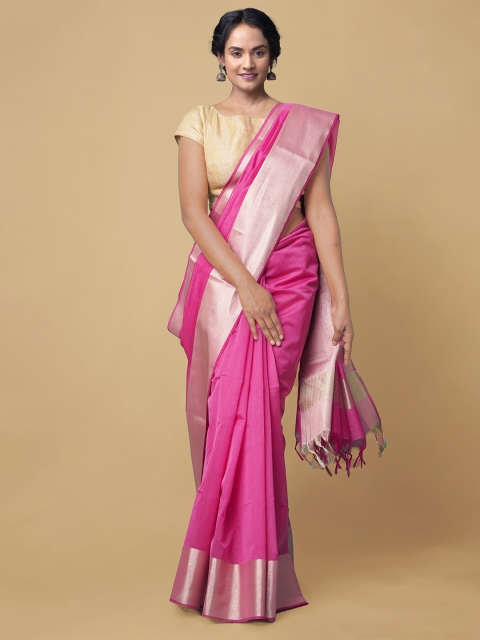 

Unnati Silks Pink Woven Design Zari Silk Cotton Baluchari Saree